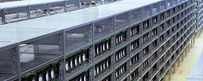 Modern mining farm hosting rows of Bitcoin mining rigs under optimized cooling systems